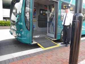 Some of the bus routes in Dublin use accessible busses like this one.  Other ones use older busses which have 3 steps to get into.