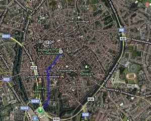 Bruges (also known as Brugge) is a small town. This map shows the 1.3 km (0.8 mile) route from the Bruges train station to Markt Square in the center of town.