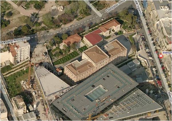 Aerial photo of the New Acropolis Museum.