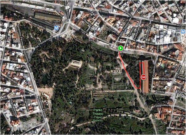 Path from the accessible entrance of the Ancient Agora into the museum. (north is up in this map)