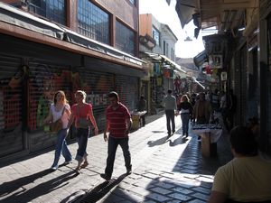 Picture of one of the flat streets with 4 star smooth cobblestones in the area north of the Acropolis.