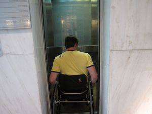 A narrow elevator will bring you to all floors of the museum.