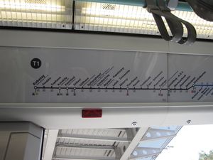 This diagram inside the tram shows the accessible stops along the T1 tram line.