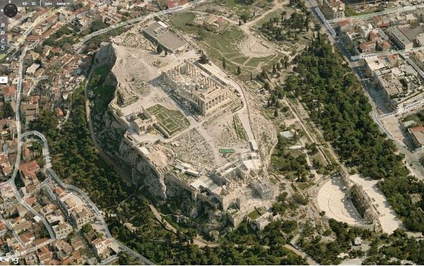 Aerial view of the Acropolis facing east.